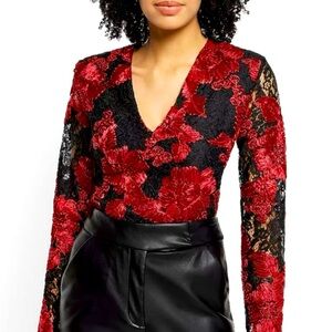 Express Lace Embroidered V-Neck Long Sleeve Thong Bodysuit size M